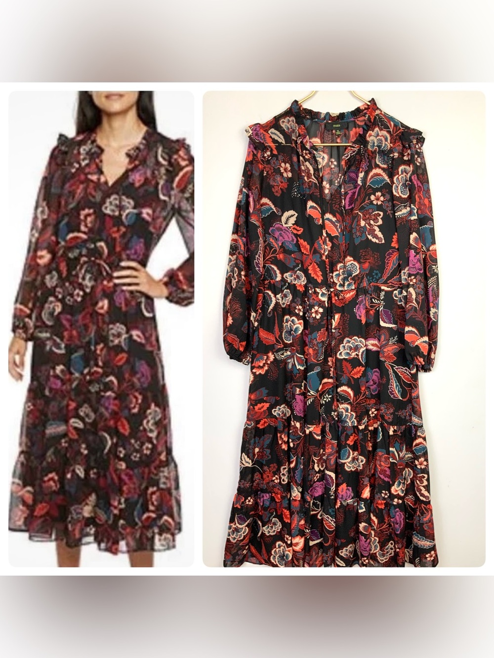 MAIA Sz 12 Black Floral Ruffled Cottagecore Tiered Drawstring Chiffon Midi Dress